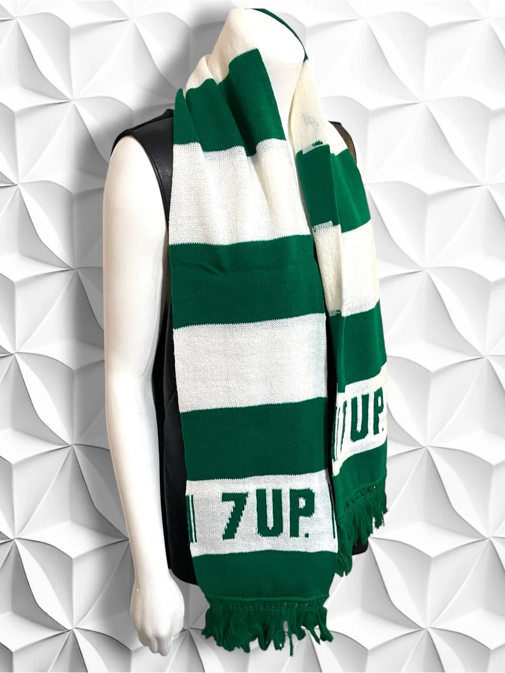 Vintage 7-Up Striped Knit Scarf Green White Fringed Retro 70s 80s Soda Promo
